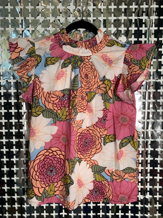 THML Tops - THML Floral Ruffle-Neck Blouse in Pink, Peach, White, Green, Blue